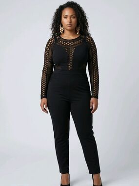 Uptown USA Black Mesh Long Sleeve Jumpsuit | Women's Large